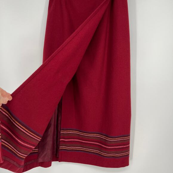 Vtg Eddie Bauer Wool Blanket Wrap Skirt Sz 10 Cranberry Red Multi Stripe Long - Picture 3 of 11
